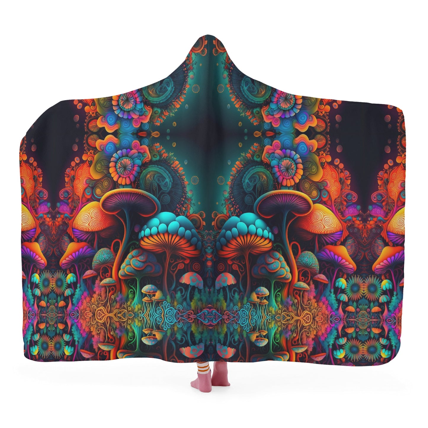 Psychedelic Mushrooms Hooded Blanket - Micro Fleece Lining Cosy Sherpa Blanket
