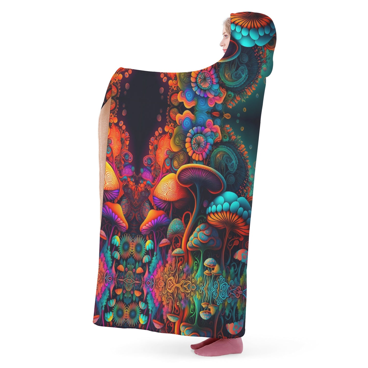 Psychedelic Mushrooms Hooded Blanket - Micro Fleece Lining Cosy Sherpa Blanket