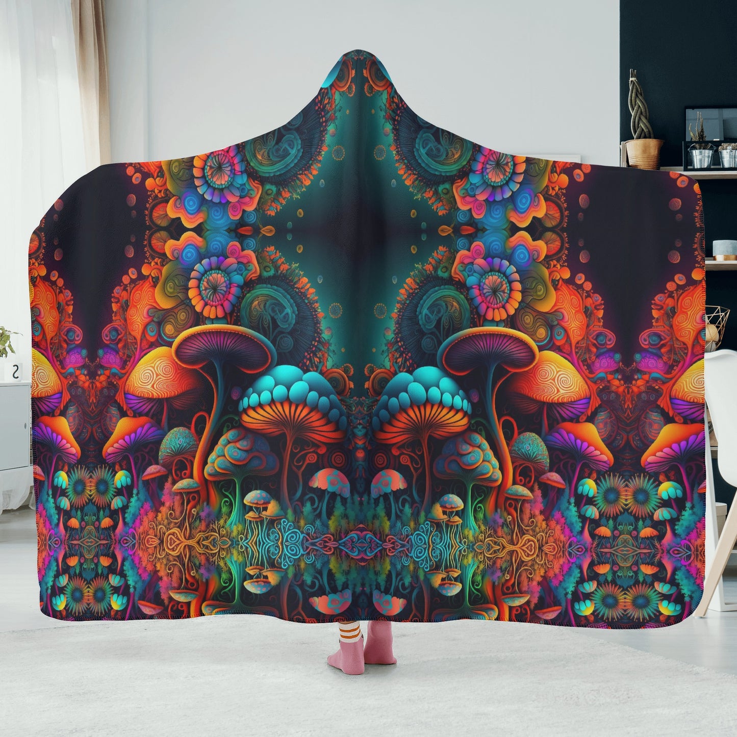 Psychedelic Mushrooms Hooded Blanket - Micro Fleece Lining Cosy Sherpa Blanket