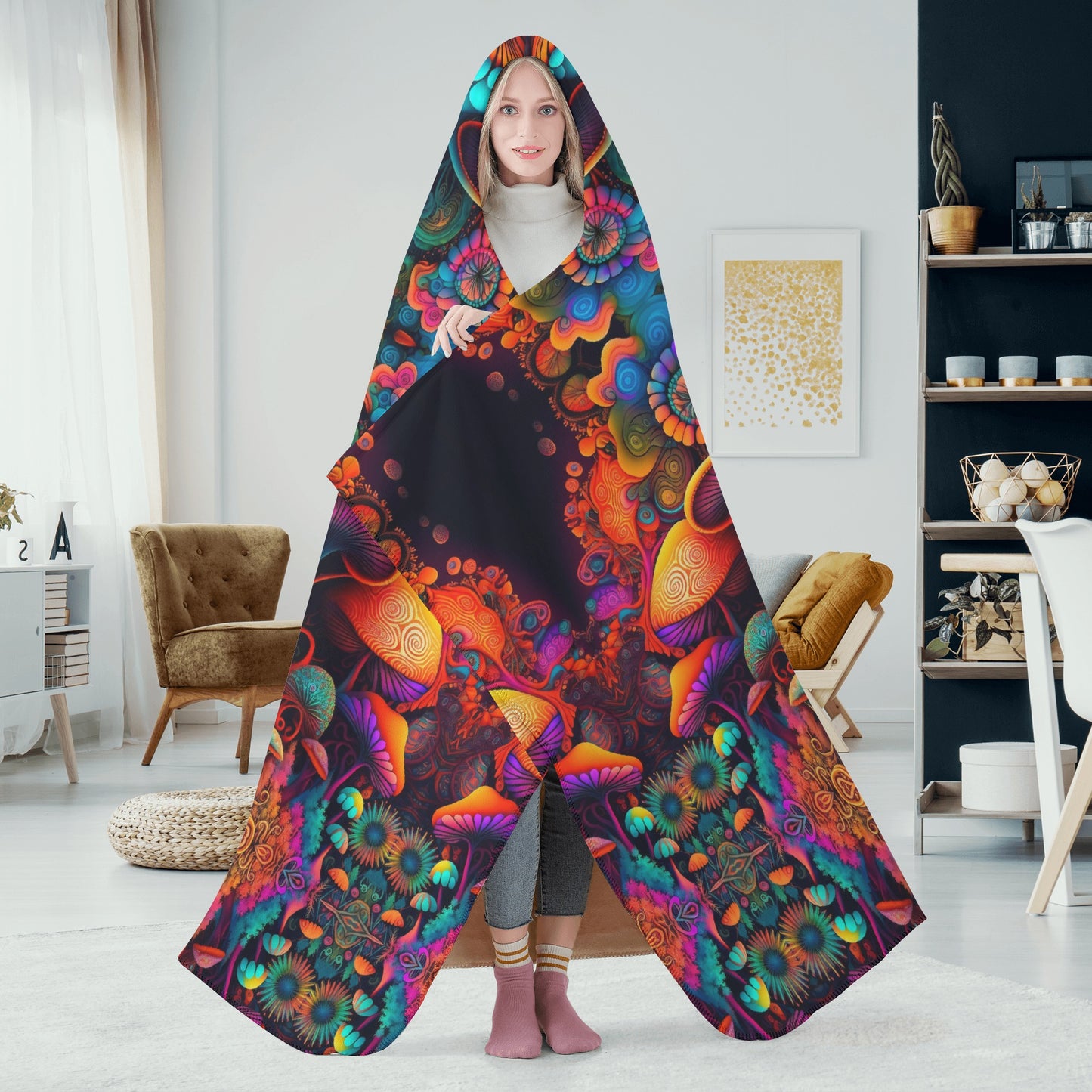 Psychedelic Mushrooms Hooded Blanket - Micro Fleece Lining Cosy Sherpa Blanket