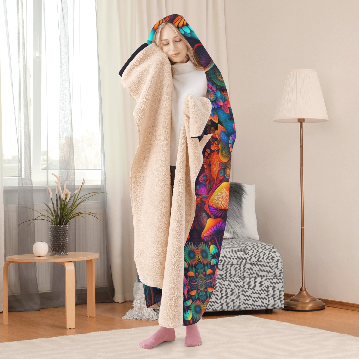 Psychedelic Mushrooms Hooded Blanket - Micro Fleece Lining Cosy Sherpa Blanket