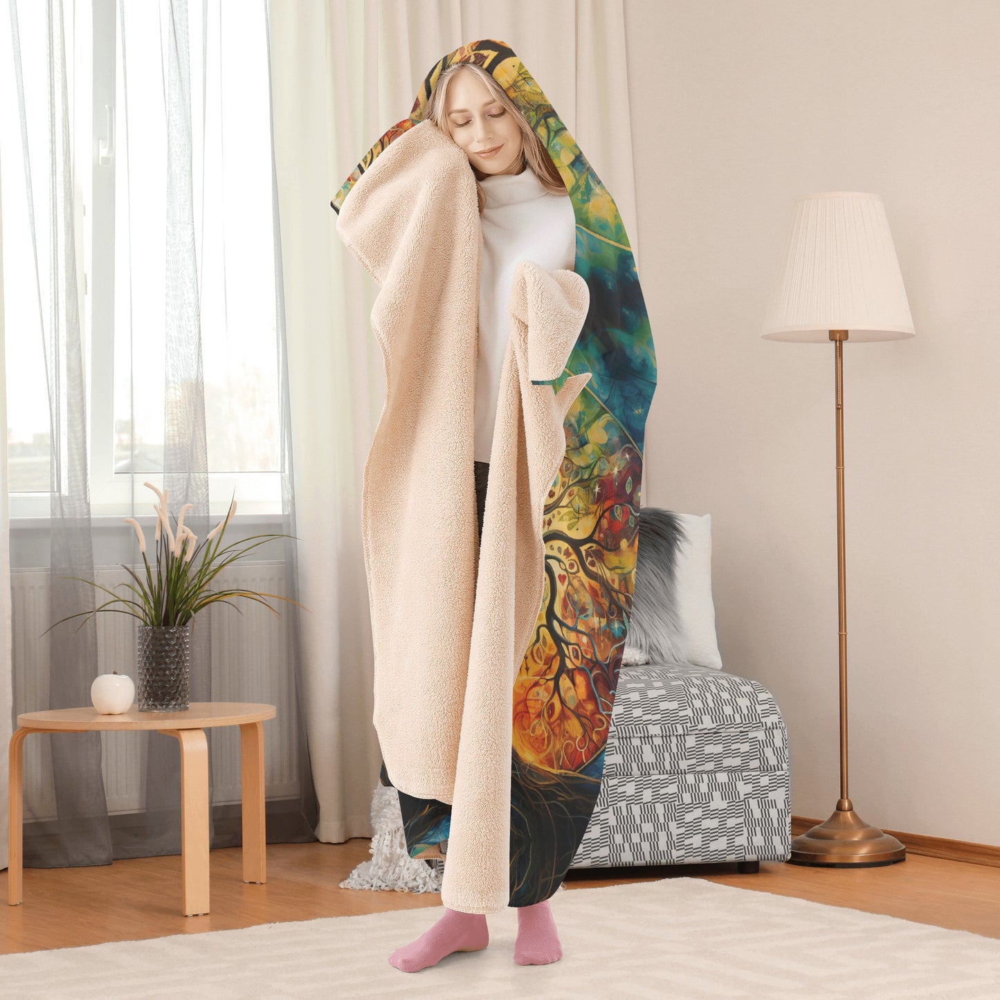 Tree of Life Hooded Blanket - Micro Fleece Lining Cosy Sherpa Blanket