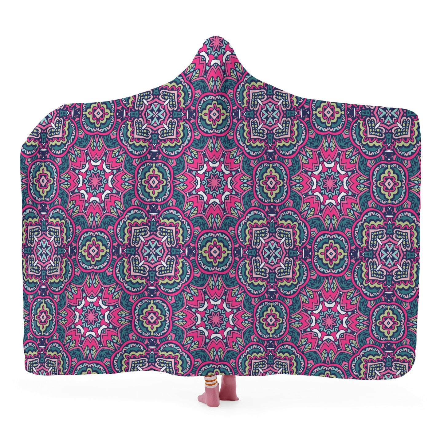 Funky Pink Mandala Hooded Blanket - Micro Fleece Lining Cosy Sherpa Blanket