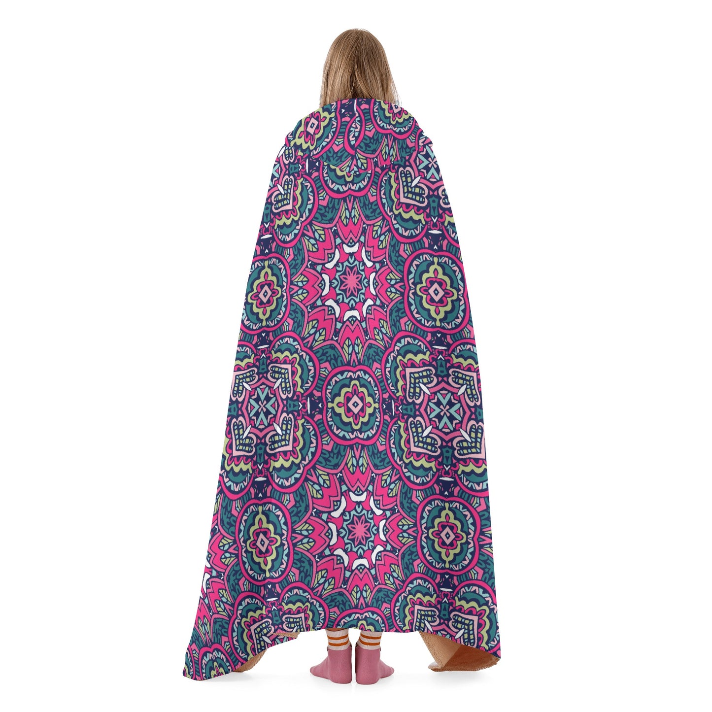 Funky Pink Mandala Hooded Blanket - Micro Fleece Lining Cosy Sherpa Blanket