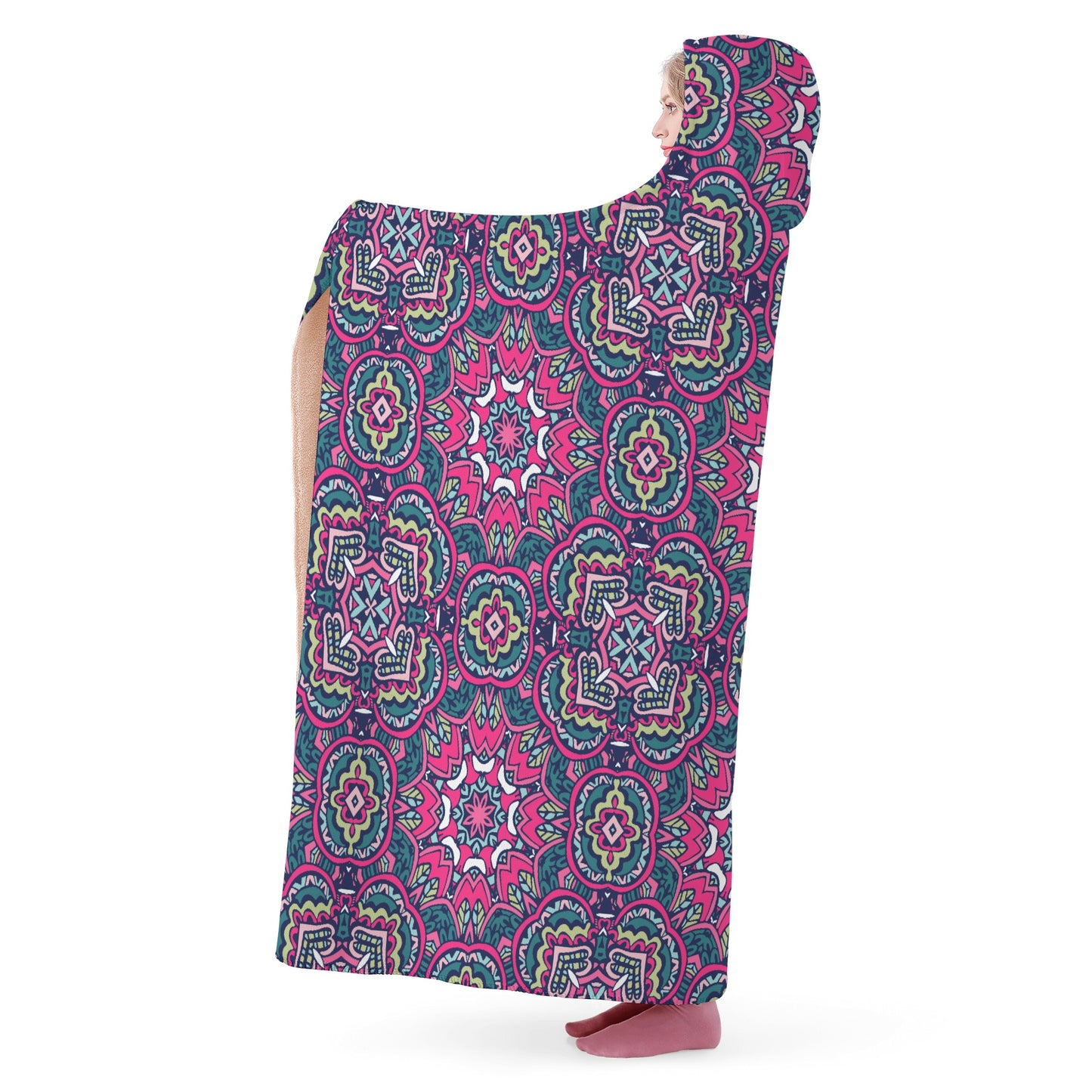 Funky Pink Mandala Hooded Blanket - Micro Fleece Lining Cosy Sherpa Blanket
