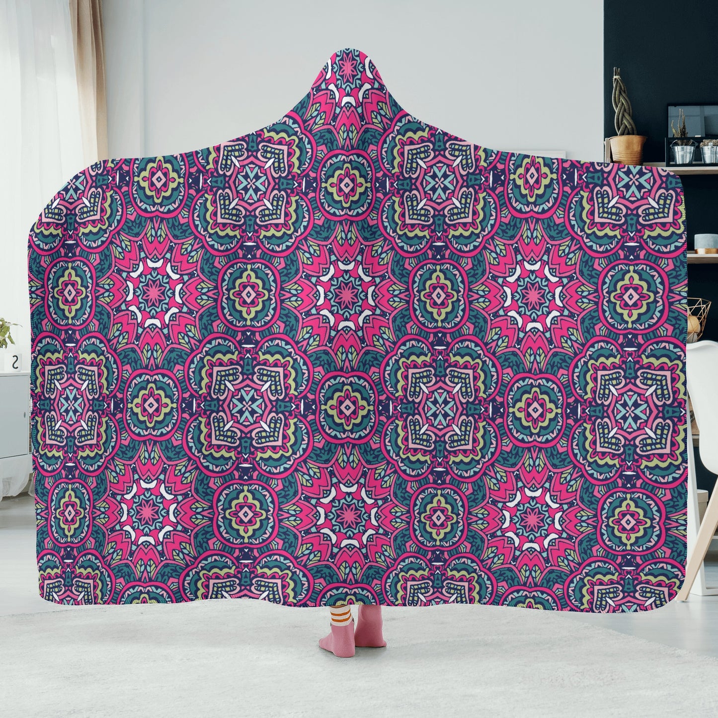Funky Pink Mandala Hooded Blanket - Micro Fleece Lining Cosy Sherpa Blanket