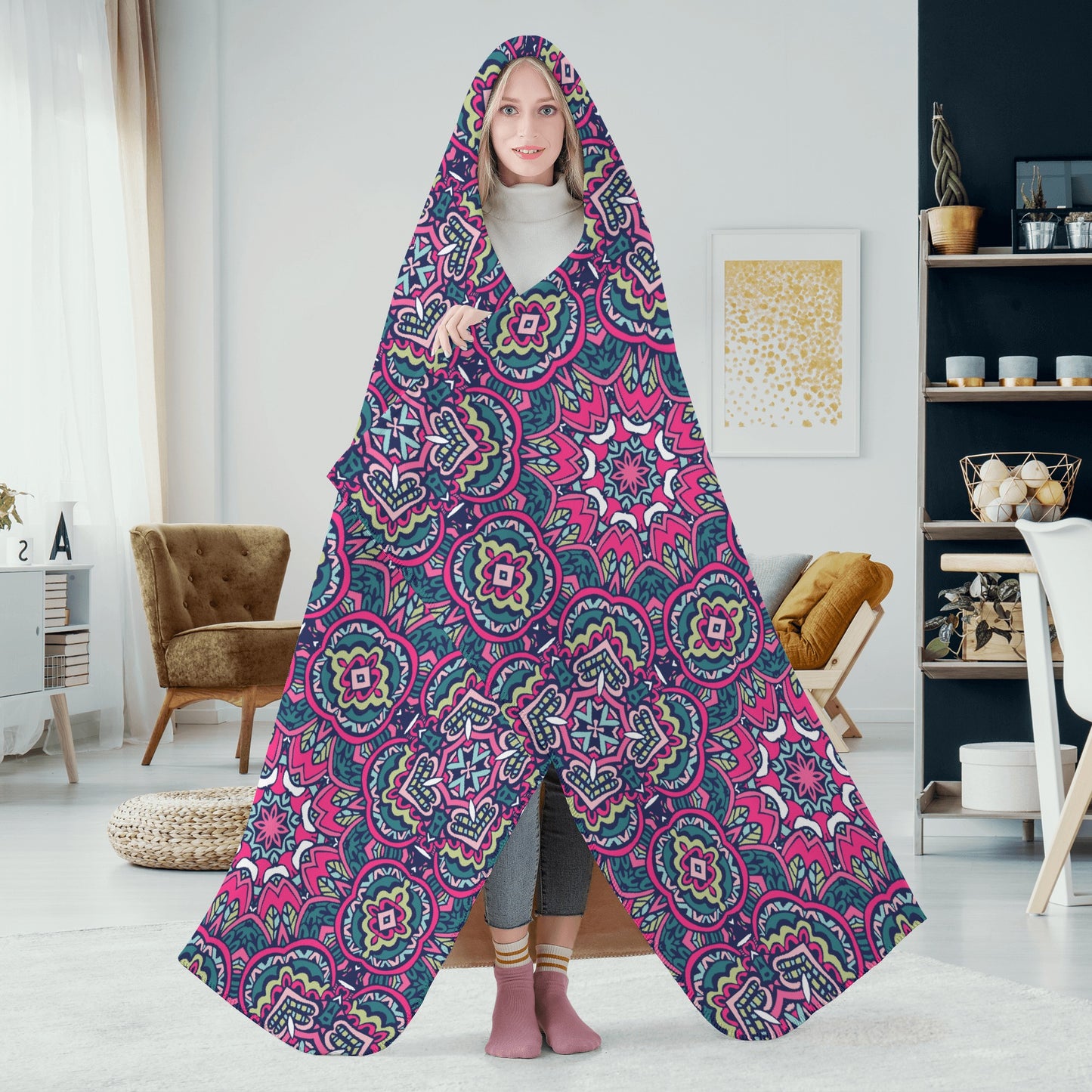 Funky Pink Mandala Hooded Blanket - Micro Fleece Lining Cosy Sherpa Blanket