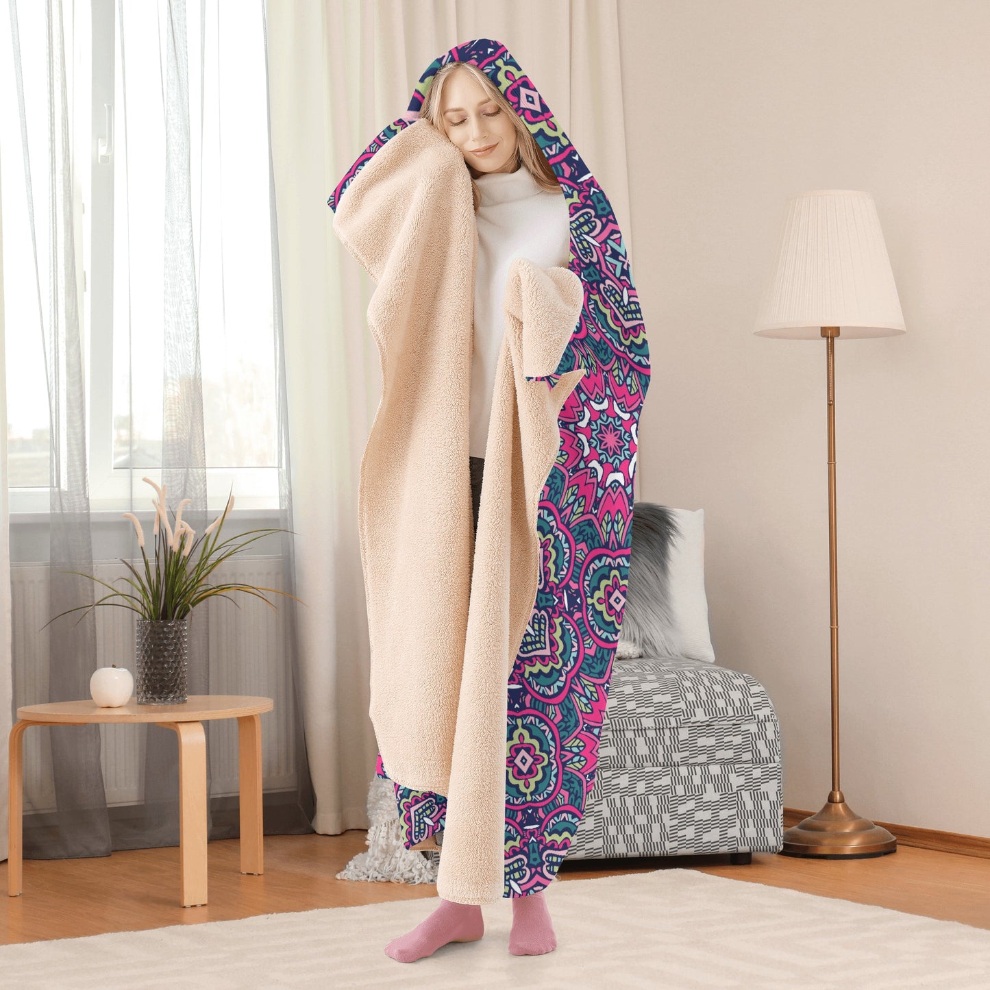 Funky Pink Mandala Hooded Blanket - Micro Fleece Lining Cosy Sherpa Blanket