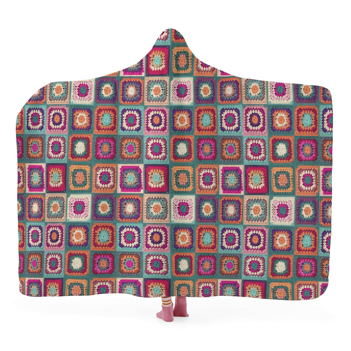Granny Squares Hooded Blanket - Micro Fleece Lining Cosy Sherpa Blanket