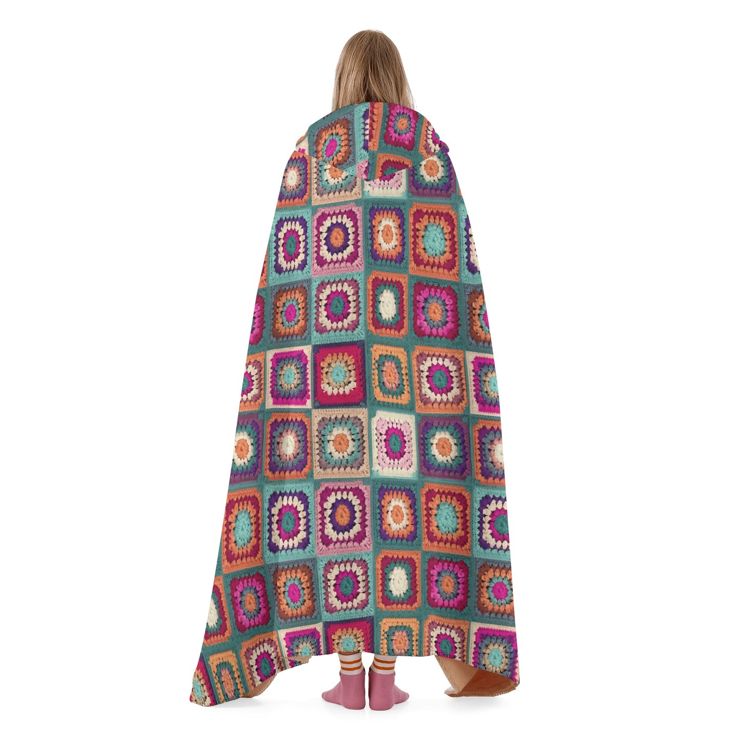 Granny Squares Hooded Blanket - Micro Fleece Lining Cosy Sherpa Blanket