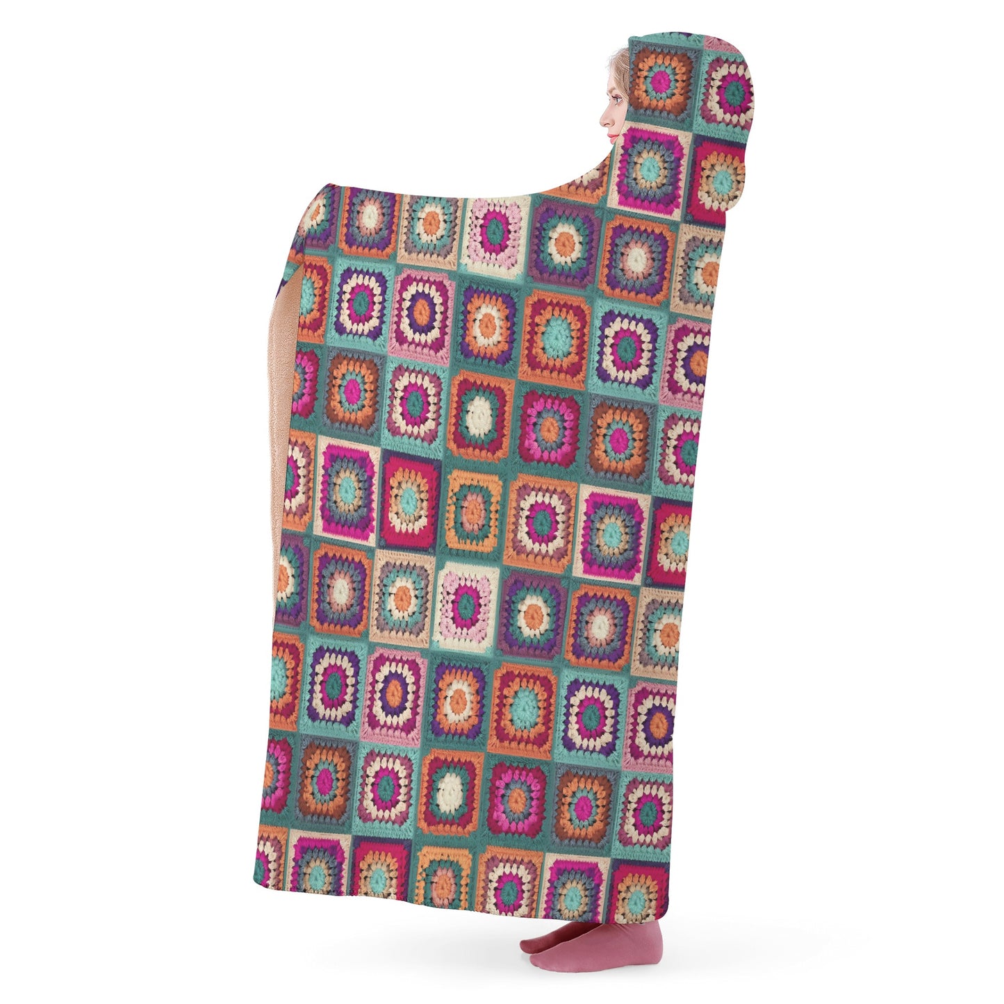 Granny Squares Hooded Blanket - Micro Fleece Lining Cosy Sherpa Blanket