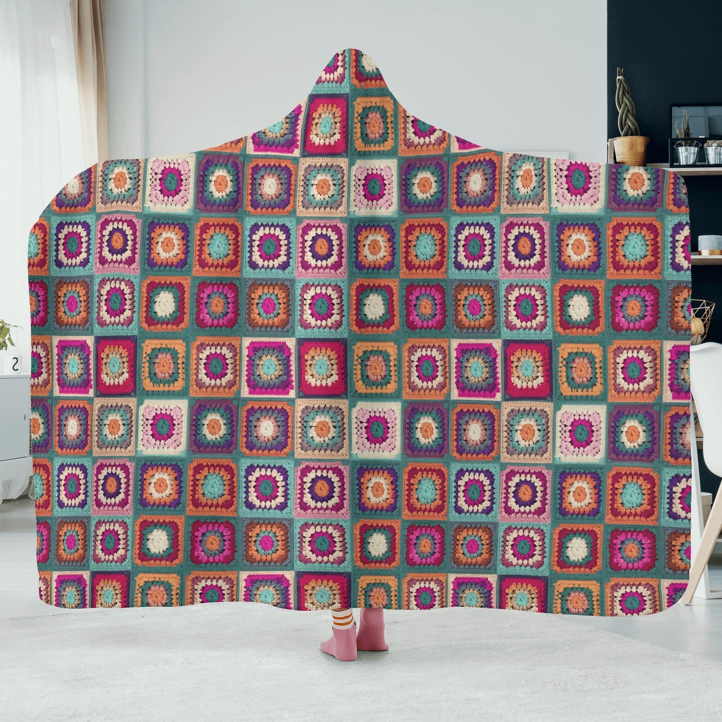 Granny Squares Hooded Blanket - Micro Fleece Lining Cosy Sherpa Blanket