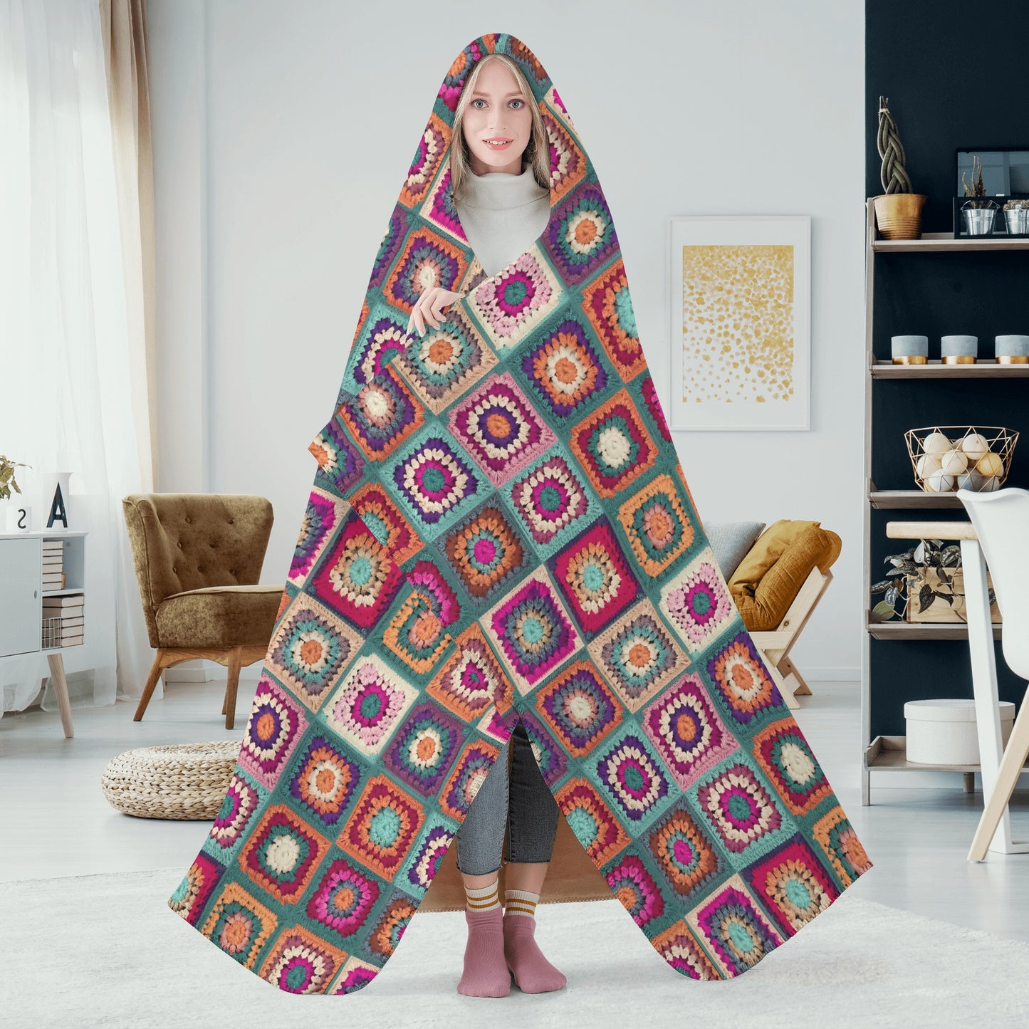 Granny Squares Hooded Blanket - Micro Fleece Lining Cosy Sherpa Blanket
