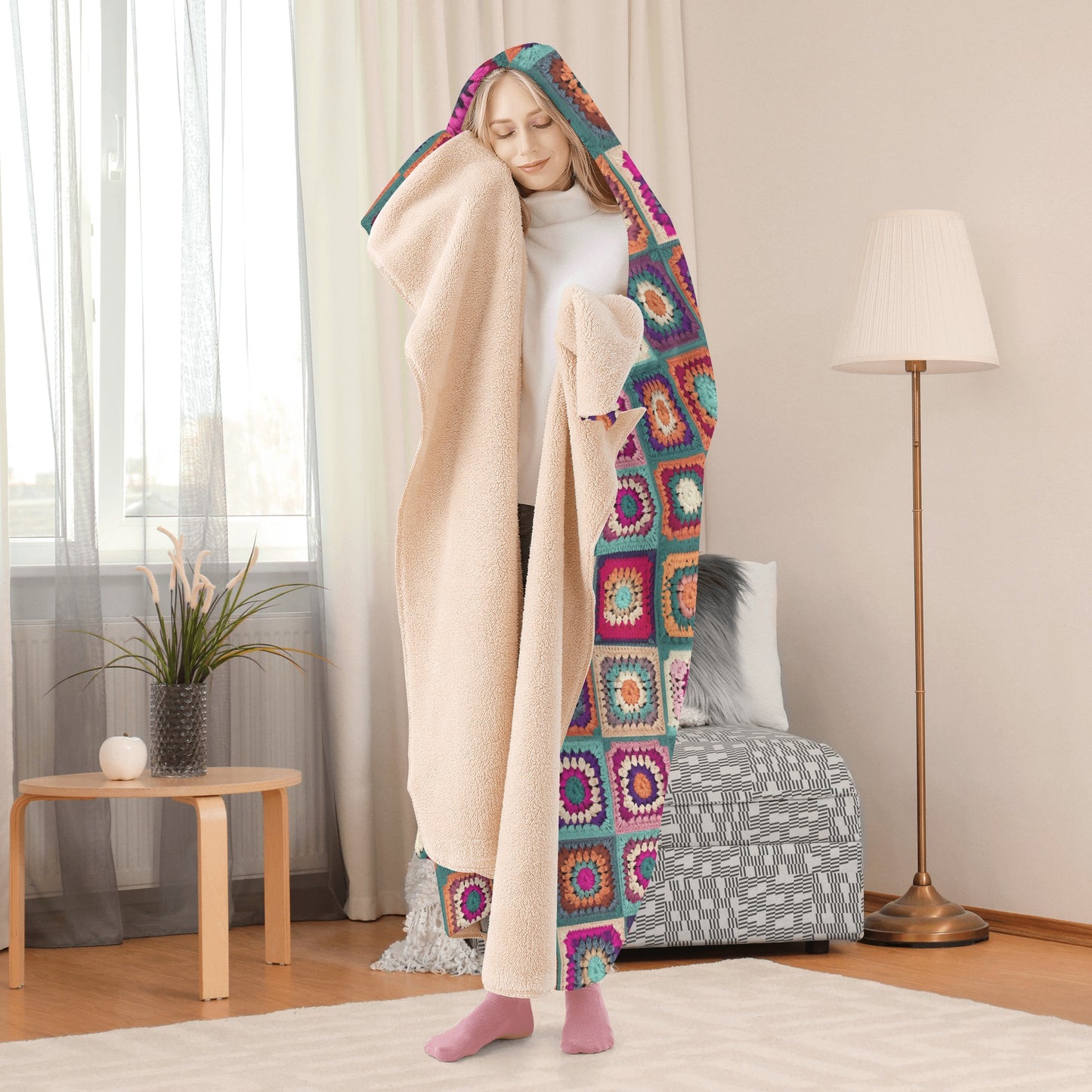 Granny Squares Hooded Blanket - Micro Fleece Lining Cosy Sherpa Blanket
