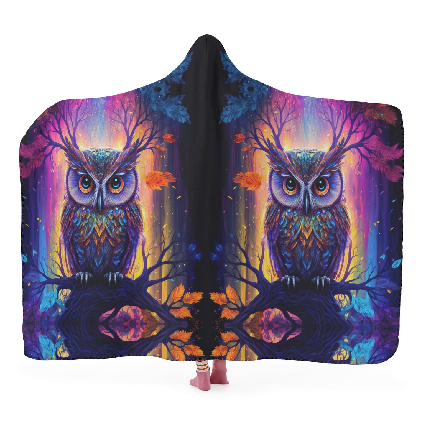 Psychedelic Owl Hooded Blanket - Micro Fleece Lining Cosy Sherpa Blanket