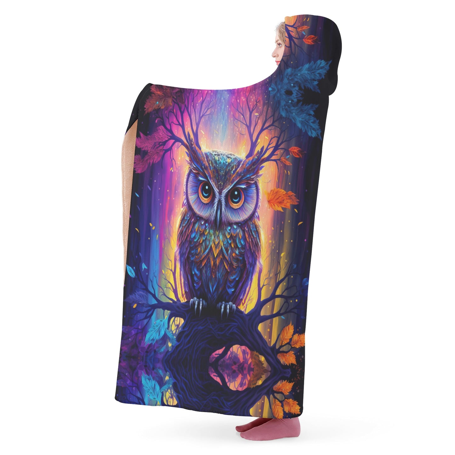 Psychedelic Owl Hooded Blanket - Micro Fleece Lining Cosy Sherpa Blanket