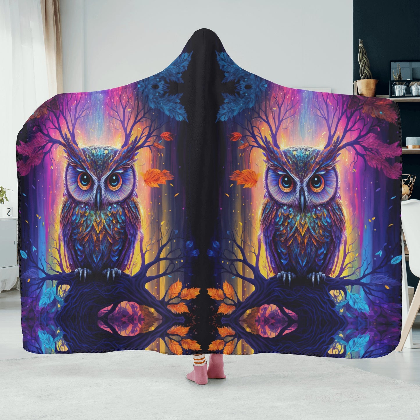 Psychedelic Owl Hooded Blanket - Micro Fleece Lining Cosy Sherpa Blanket