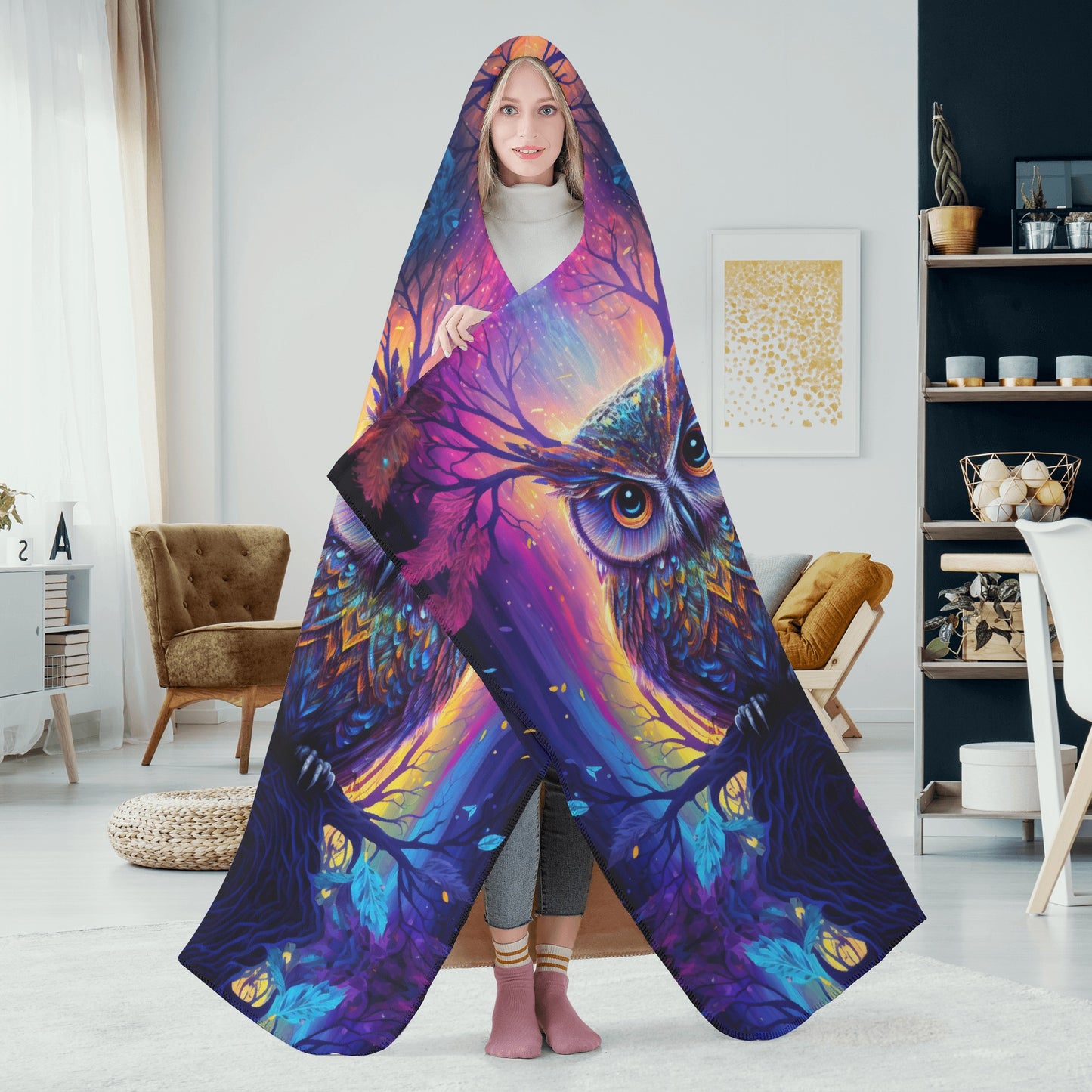 Psychedelic Owl Hooded Blanket - Micro Fleece Lining Cosy Sherpa Blanket