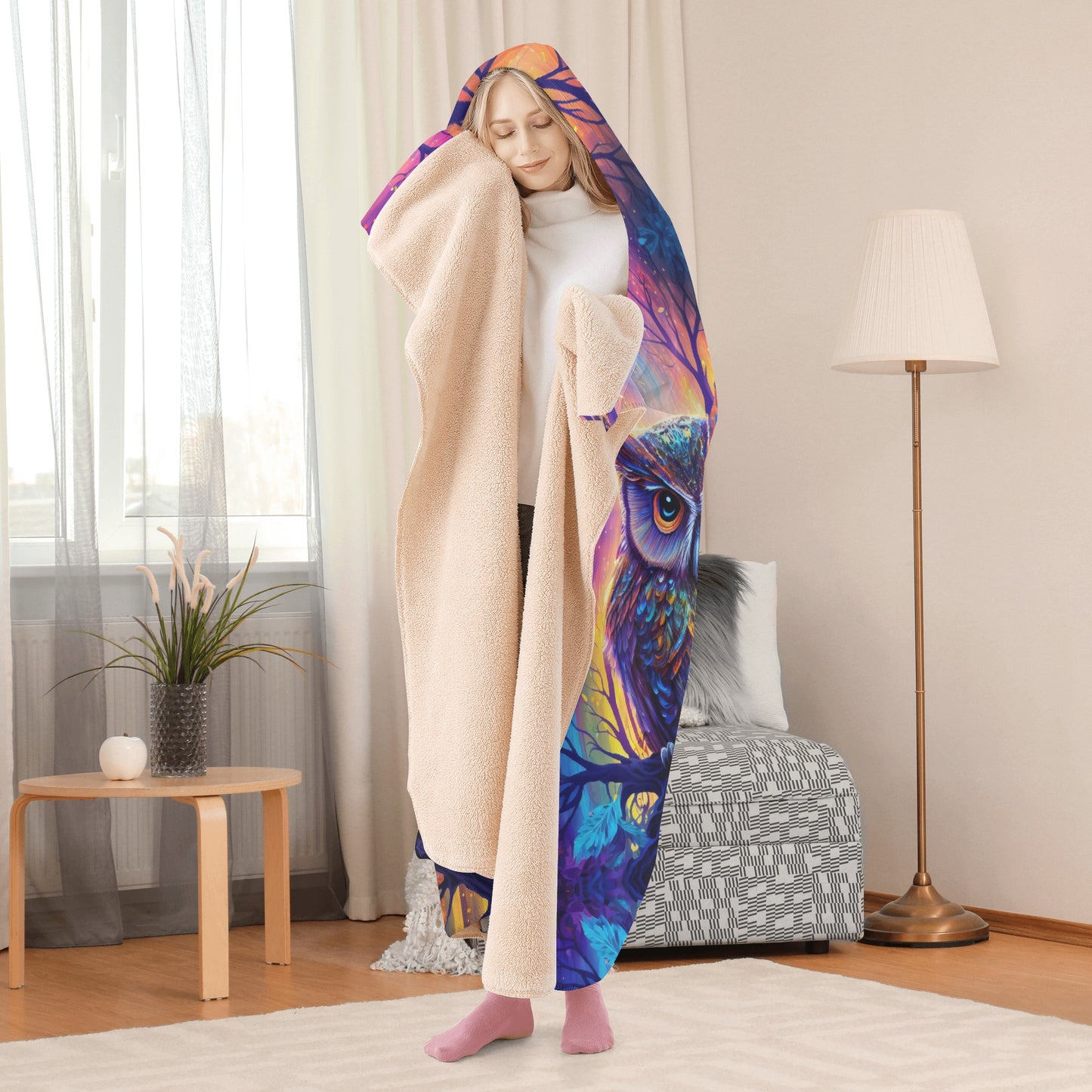 Psychedelic Owl Hooded Blanket - Micro Fleece Lining Cosy Sherpa Blanket
