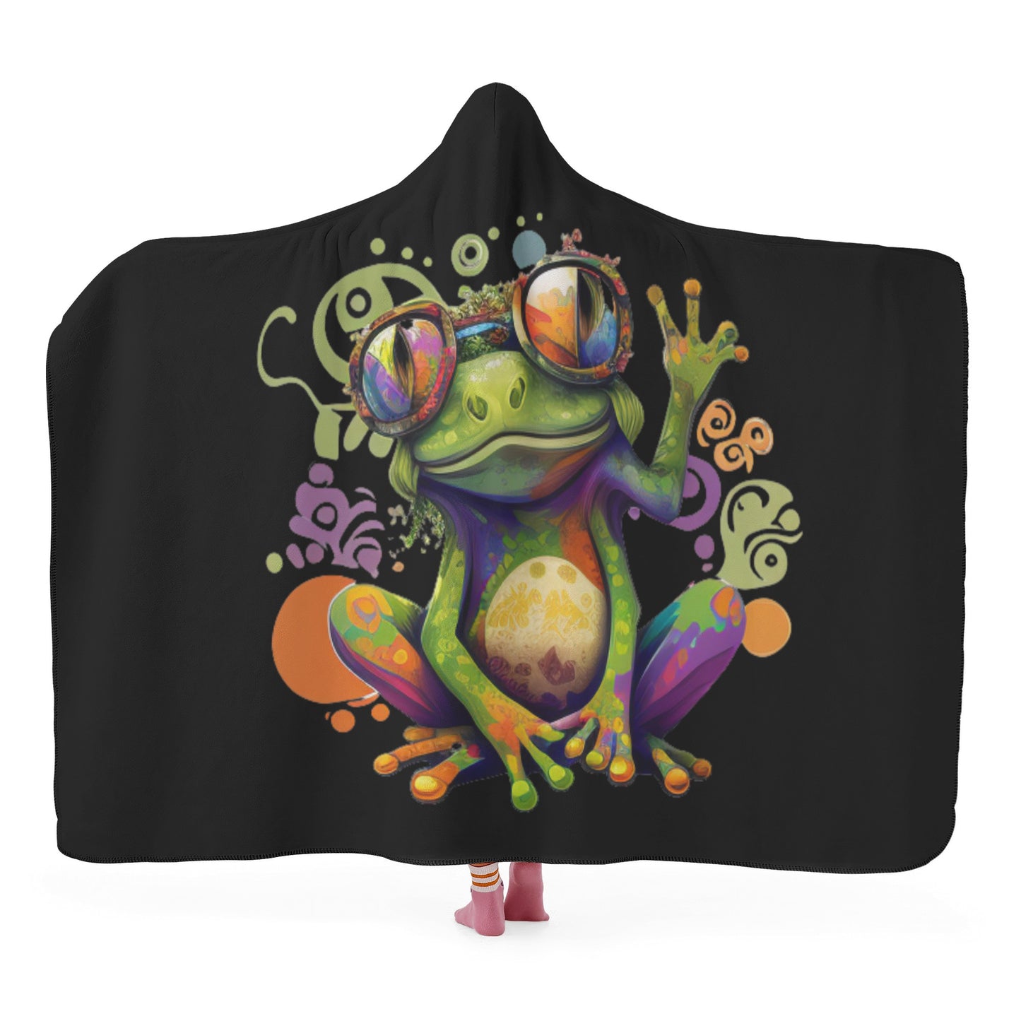 Hippy Peace Frog Black Hooded Blanket - Fleece Lining Wearable Blanket Camping Travel Blanket