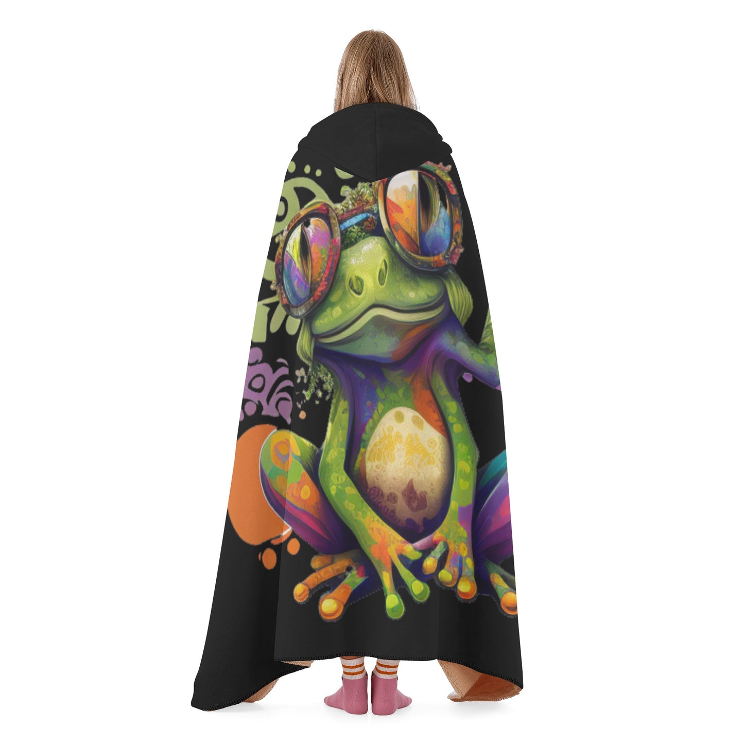 Hippy Peace Frog Black Hooded Blanket - Fleece Lining Wearable Blanket Camping Travel Blanket