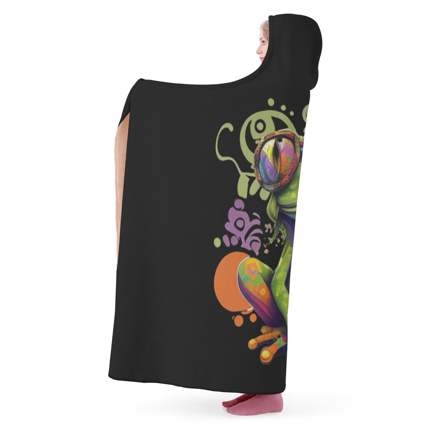 Hippy Peace Frog Black Hooded Blanket - Fleece Lining Wearable Blanket Camping Travel Blanket