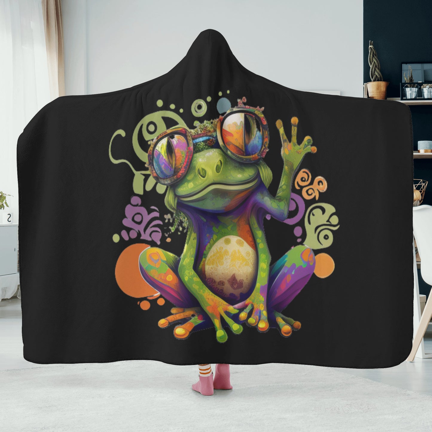 Hippy Peace Frog Black Hooded Blanket - Fleece Lining Wearable Blanket Camping Travel Blanket