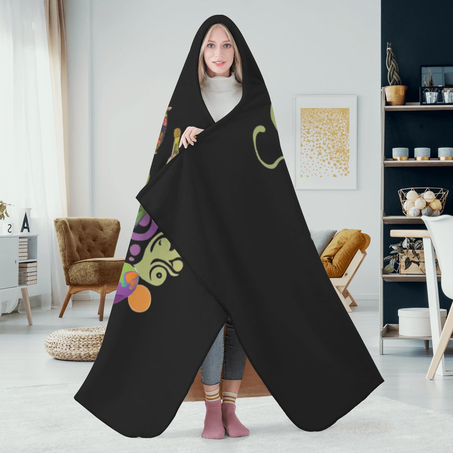Hippy Peace Frog Black Hooded Blanket - Fleece Lining Wearable Blanket Camping Travel Blanket