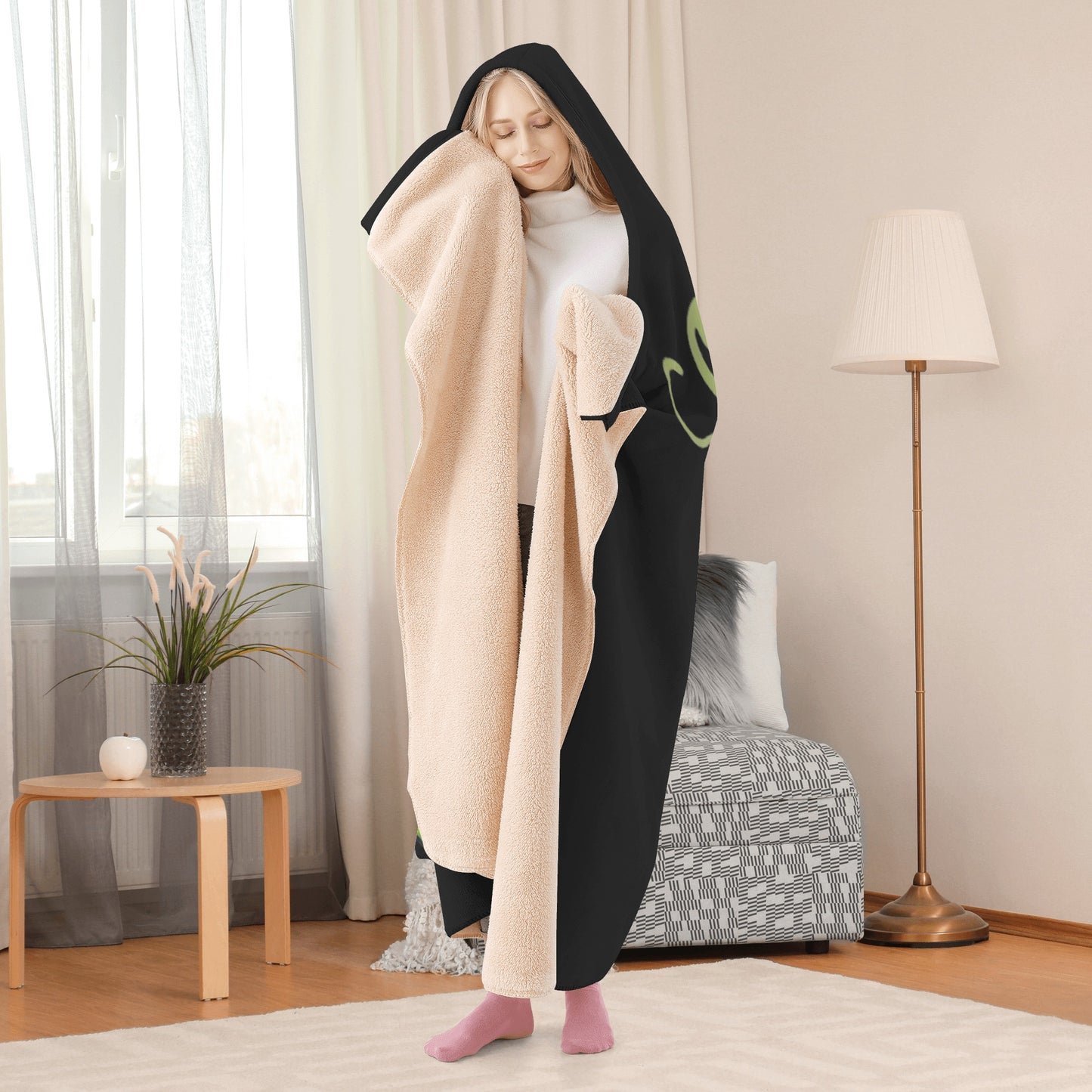 Hippy Peace Frog Black Hooded Blanket - Fleece Lining Wearable Blanket Camping Travel Blanket