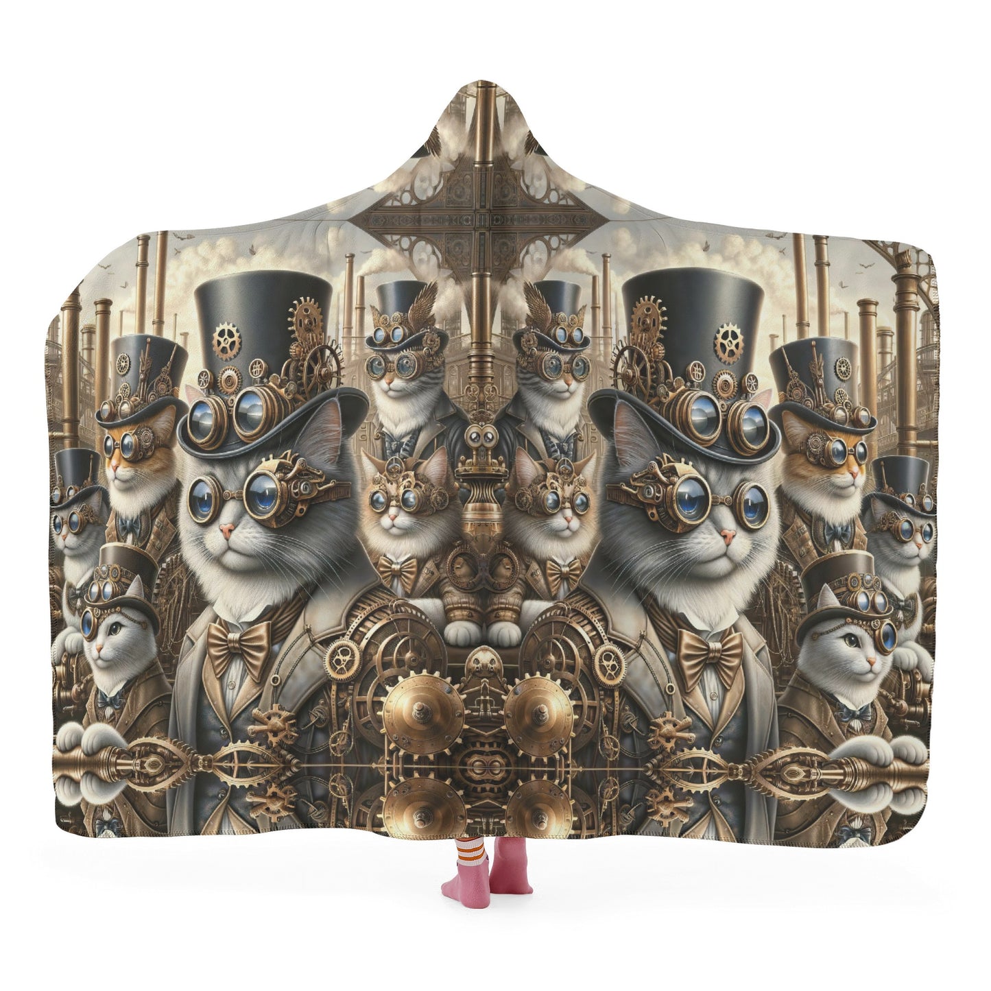 Steampunk Cats Hooded Blanket - Micro Fleece Lining Cosy Sherpa Blanket