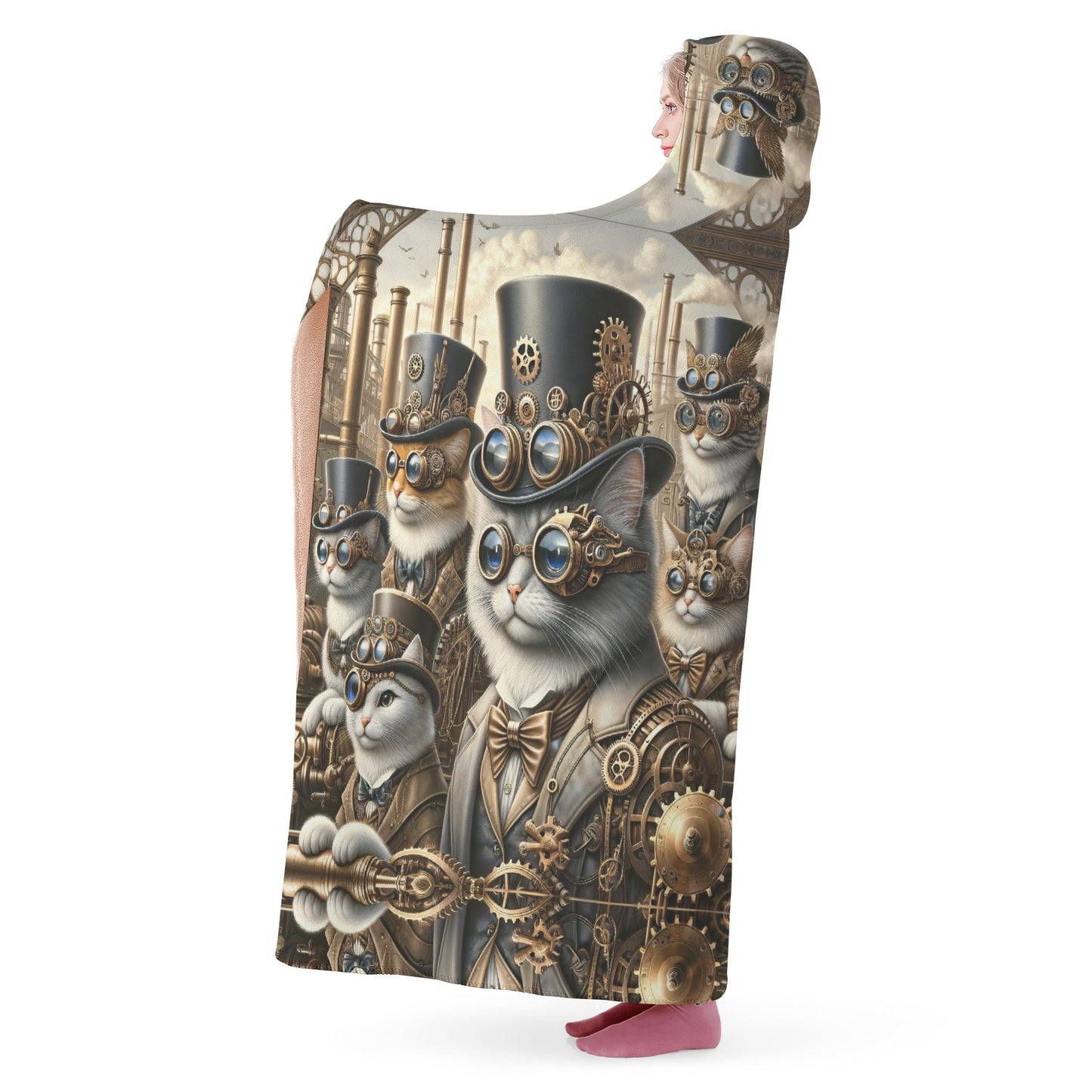 Steampunk Cats Hooded Blanket - Micro Fleece Lining Cosy Sherpa Blanket