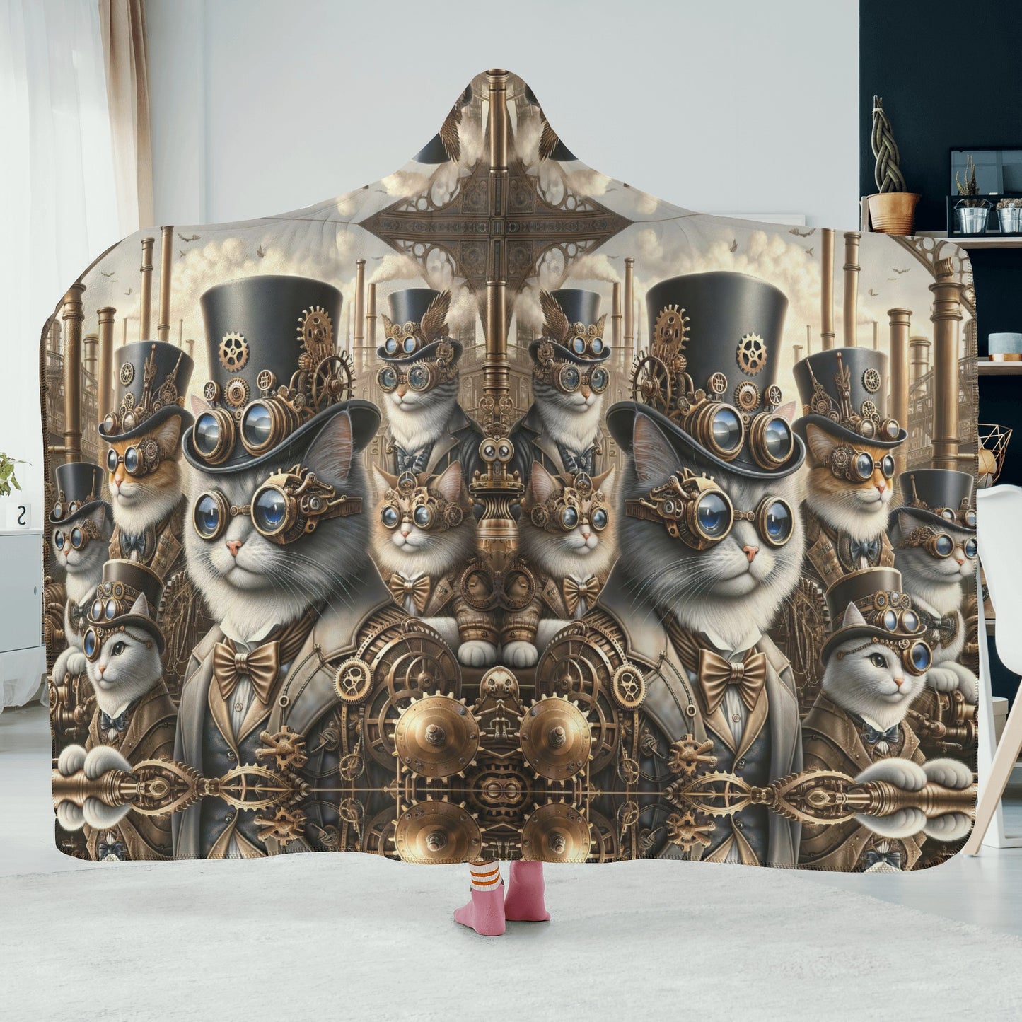 Steampunk Cats Hooded Blanket - Micro Fleece Lining Cosy Sherpa Blanket