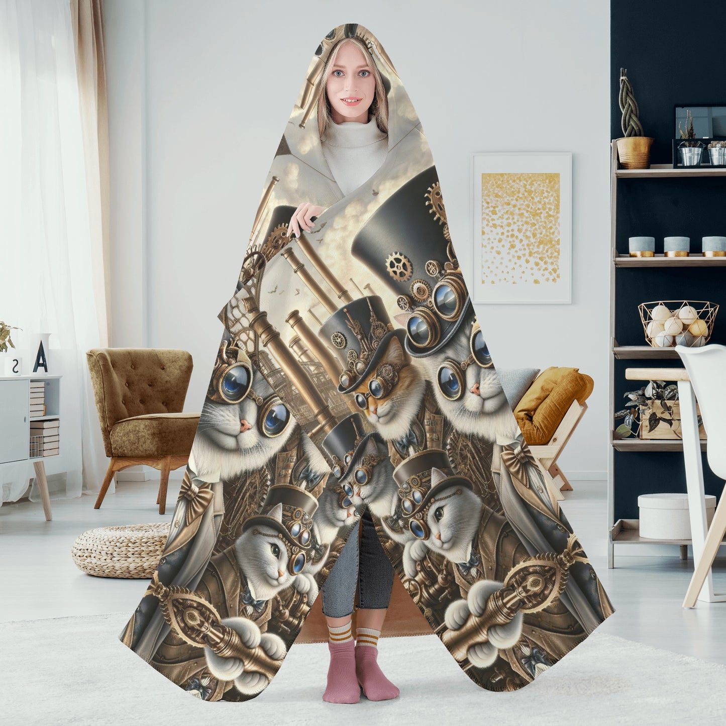 Steampunk Cats Hooded Blanket - Micro Fleece Lining Cosy Sherpa Blanket