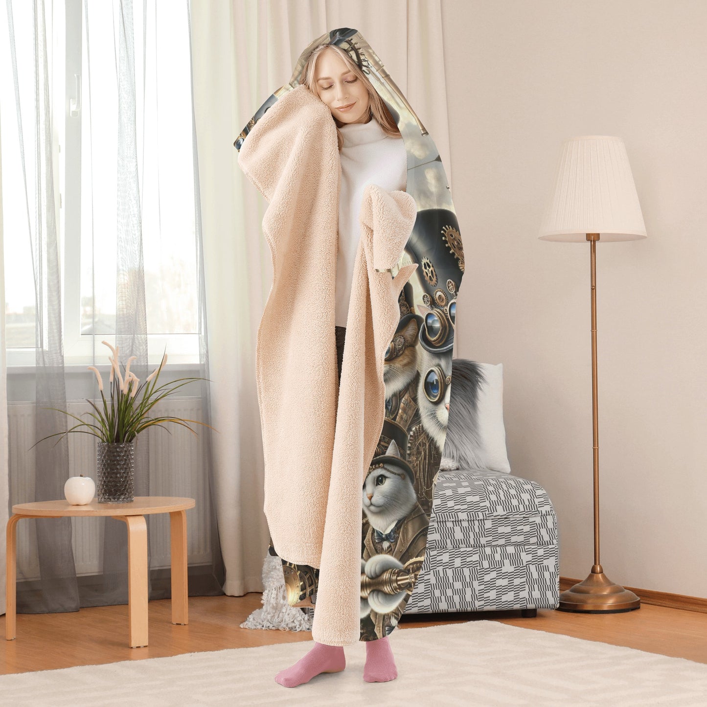 Steampunk Cats Hooded Blanket - Micro Fleece Lining Cosy Sherpa Blanket