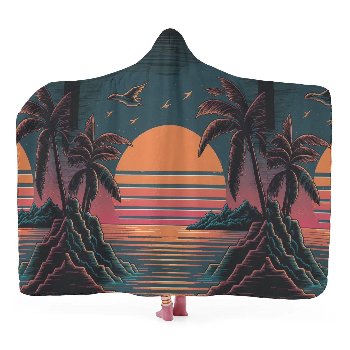 Retro Sunset Hooded Blanket - Micro Fleece Lining Cosy Sherpa Blanket