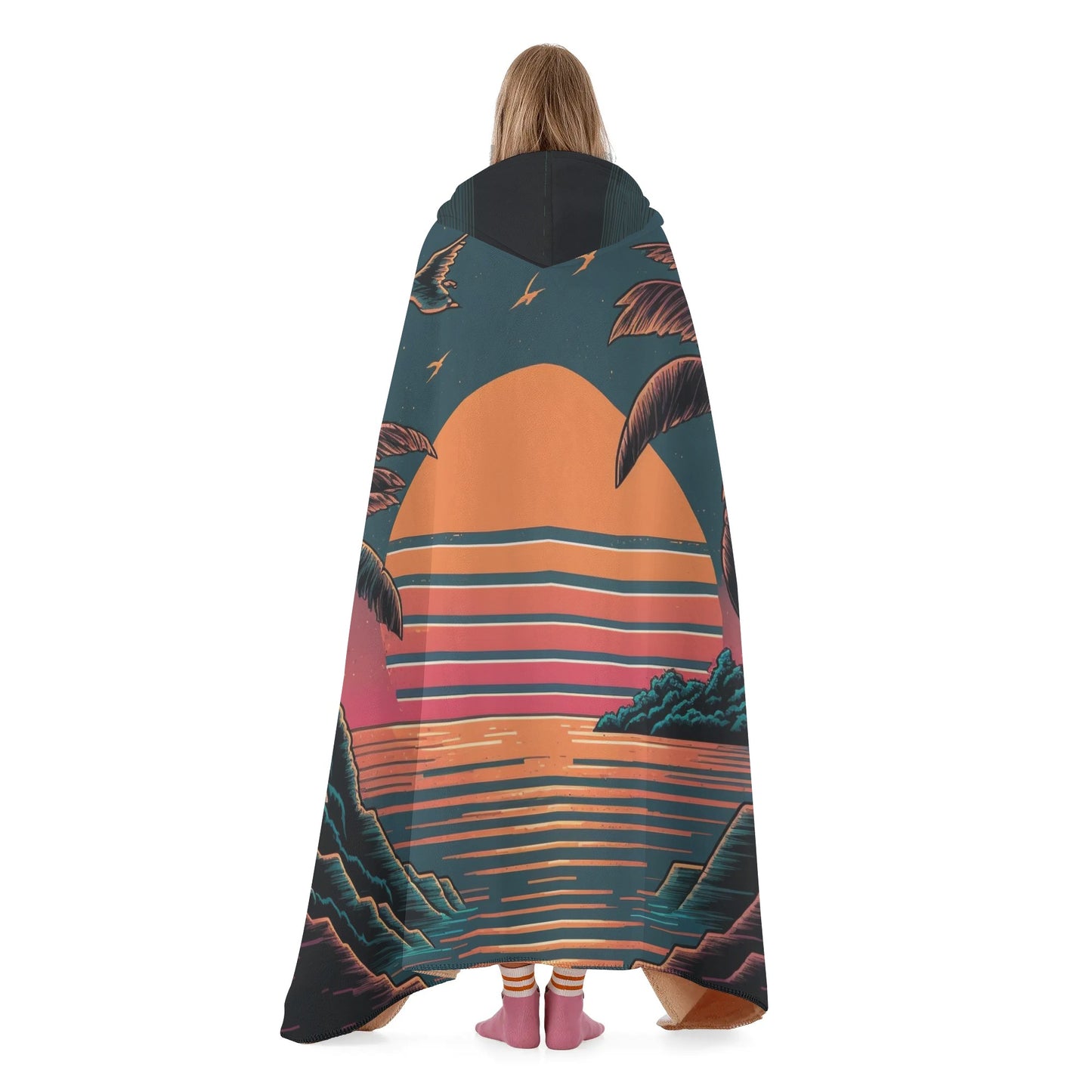 Retro Sunset Hooded Blanket - Micro Fleece Lining Cosy Sherpa Blanket