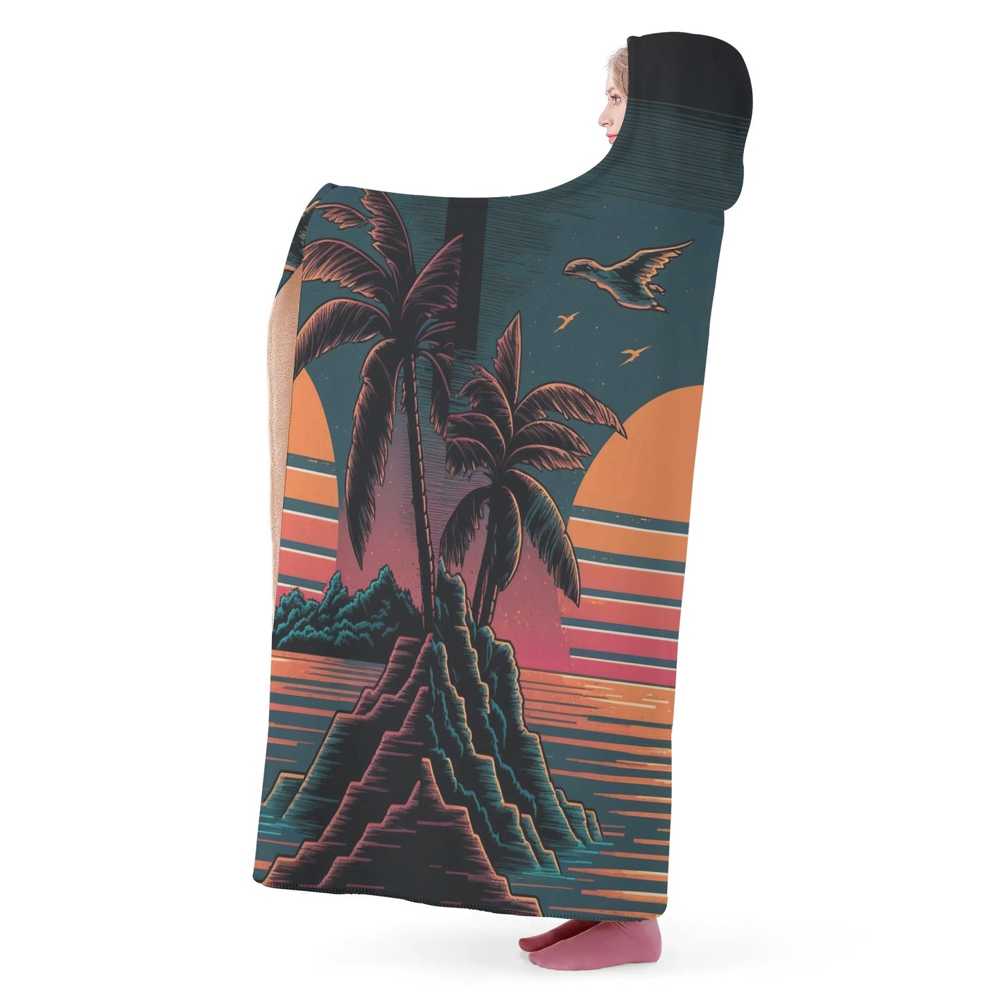 Retro Sunset Hooded Blanket - Micro Fleece Lining Cosy Sherpa Blanket