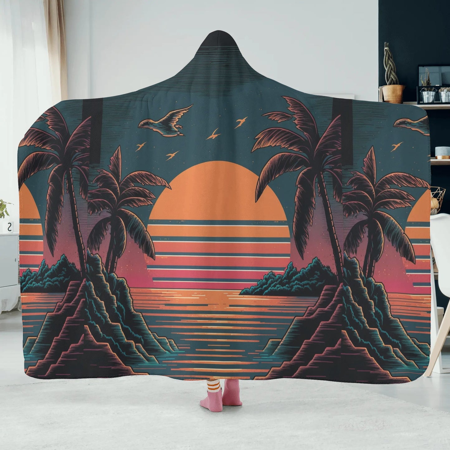 Retro Sunset Hooded Blanket - Micro Fleece Lining Cosy Sherpa Blanket