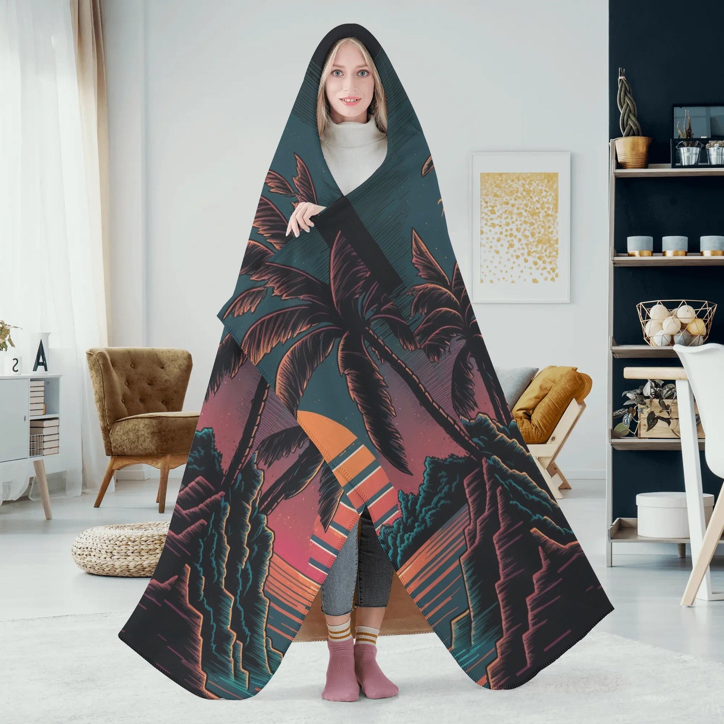 Retro Sunset Hooded Blanket - Micro Fleece Lining Cosy Sherpa Blanket