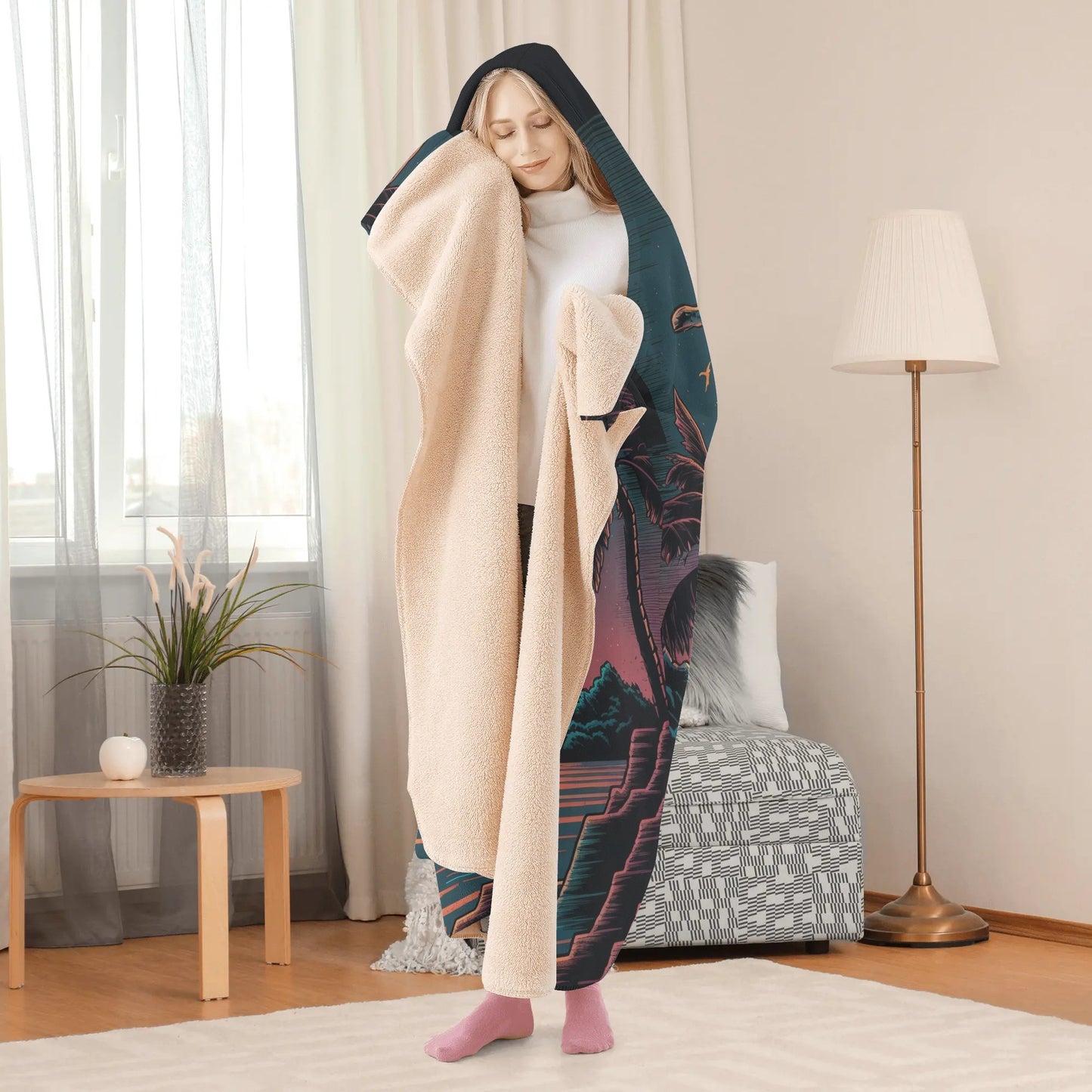 Retro Sunset Hooded Blanket - Micro Fleece Lining Cosy Sherpa Blanket