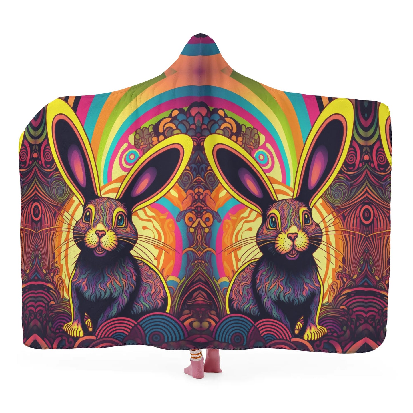 Psycho Rabbit Hooded Blanket - Micro Fleece Lining Cosy Sherpa Blanket