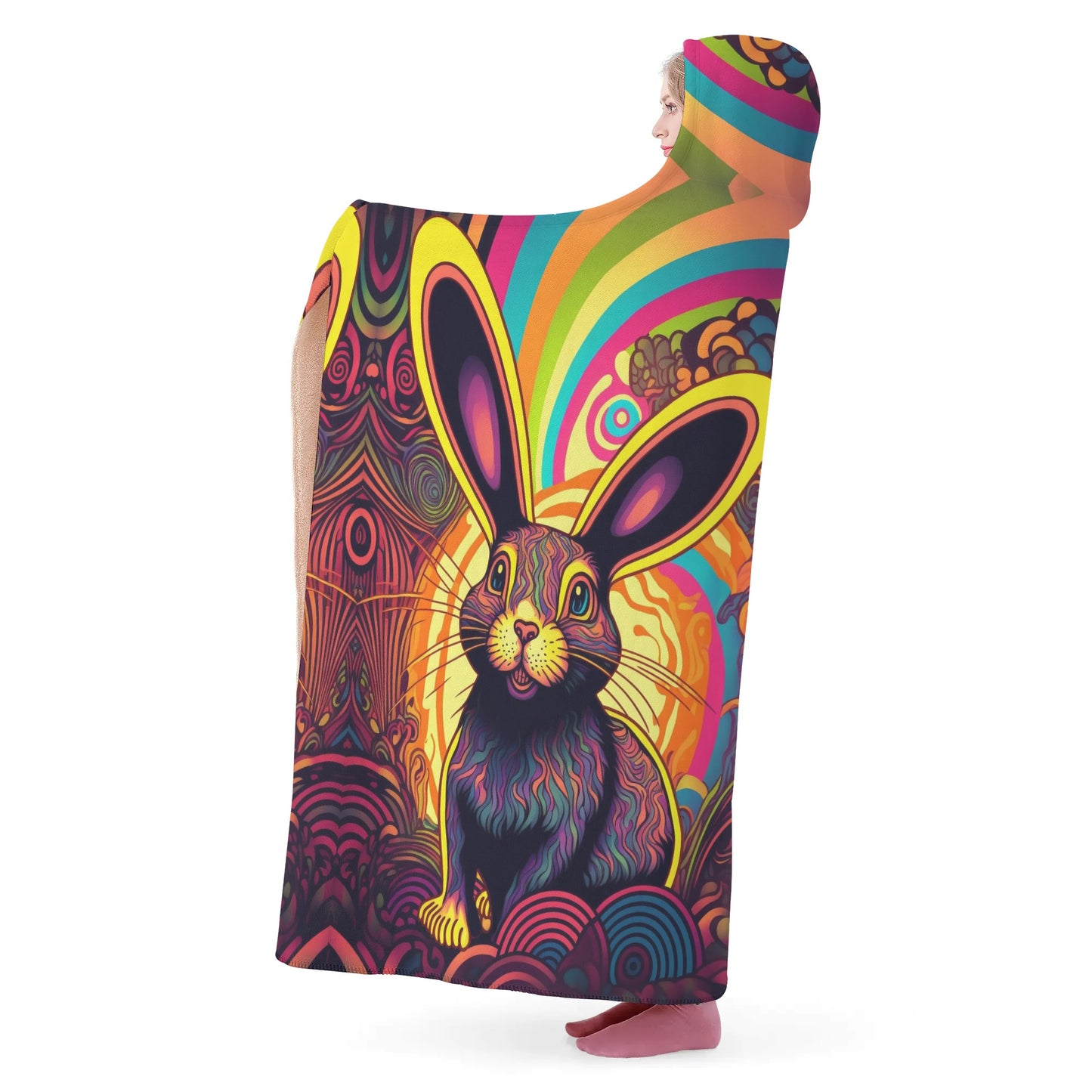 Psycho Rabbit Hooded Blanket - Micro Fleece Lining Cosy Sherpa Blanket
