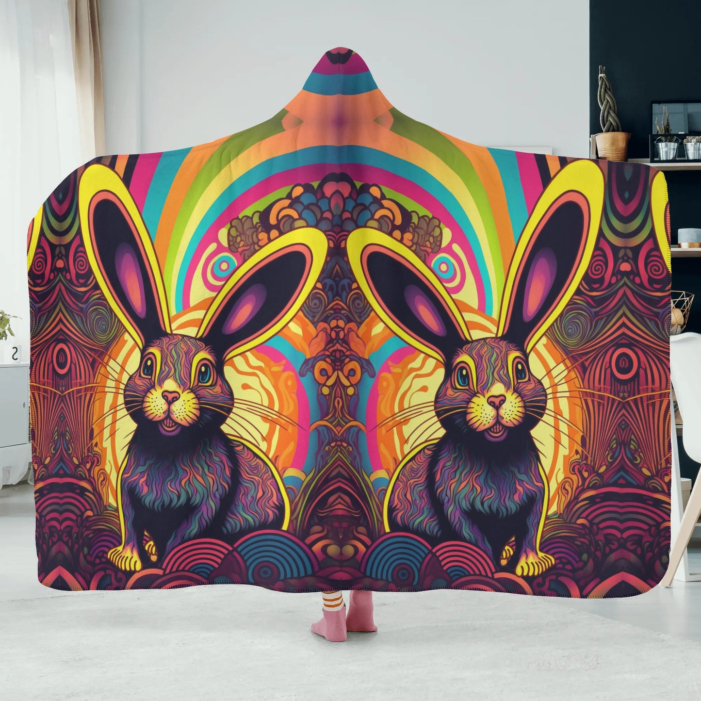 Psycho Rabbit Hooded Blanket - Micro Fleece Lining Cosy Sherpa Blanket