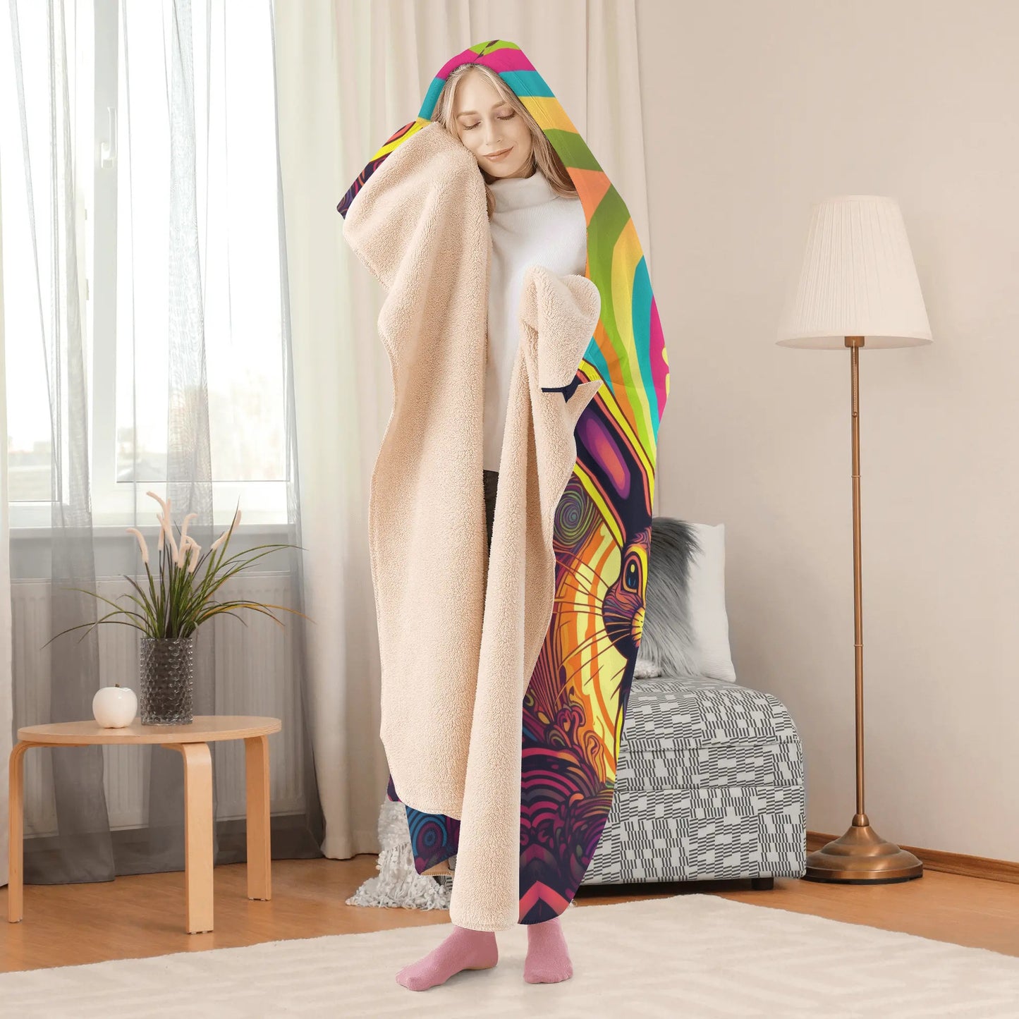 Psycho Rabbit Hooded Blanket - Micro Fleece Lining Cosy Sherpa Blanket