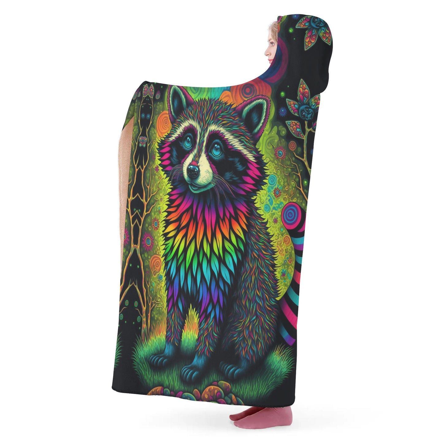Psycho Raccoon Hooded Blanket - Micro Fleece Lining Cosy Sherpa Blanket