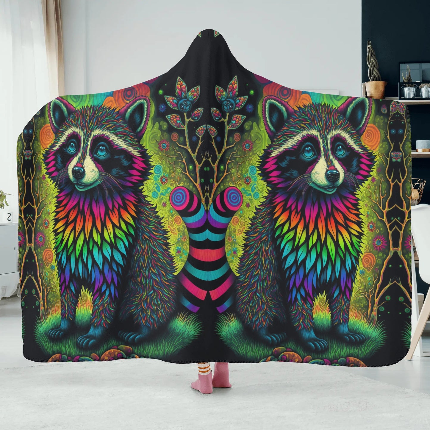 Psycho Raccoon Hooded Blanket - Micro Fleece Lining Cosy Sherpa Blanket