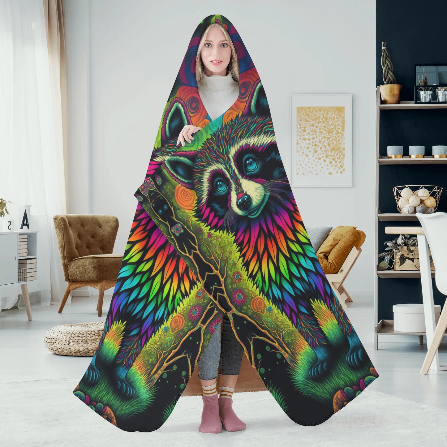 Psycho Raccoon Hooded Blanket - Micro Fleece Lining Cosy Sherpa Blanket