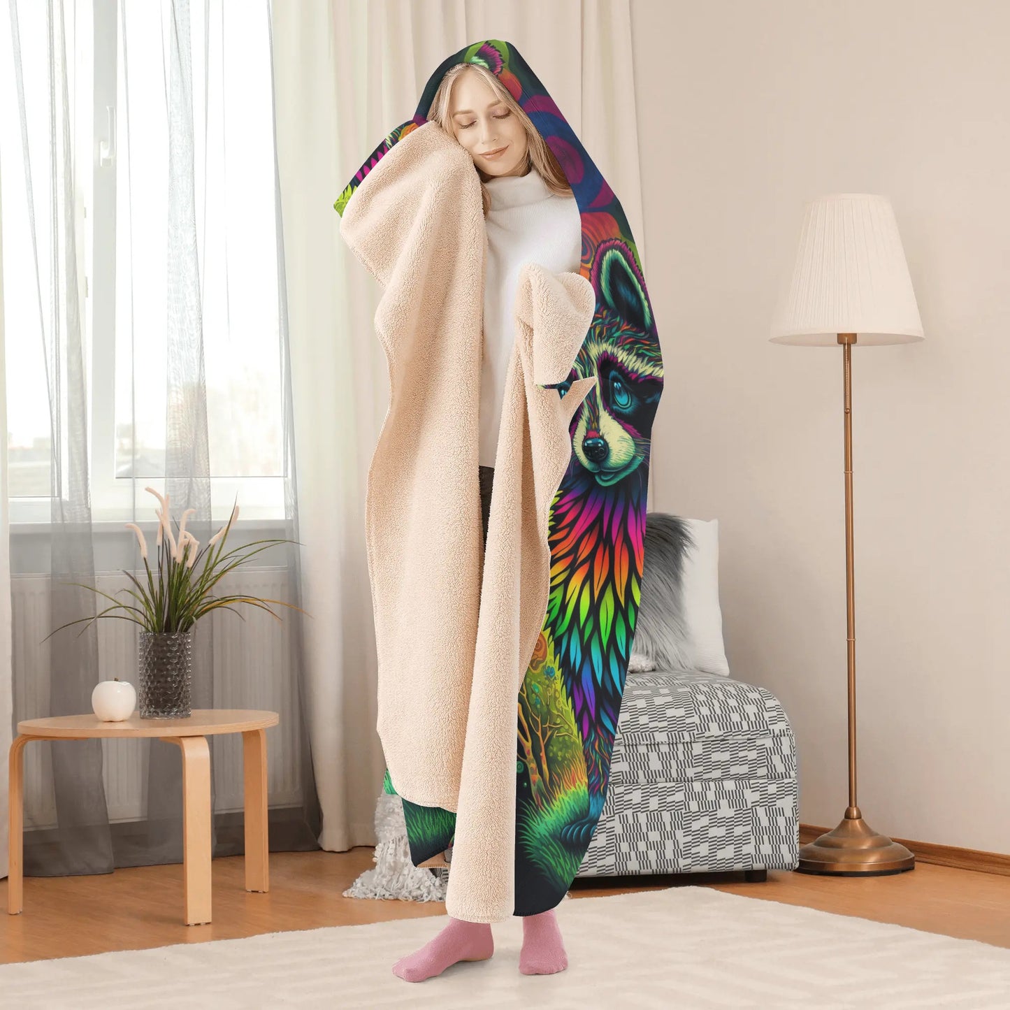Psycho Raccoon Hooded Blanket - Micro Fleece Lining Cosy Sherpa Blanket