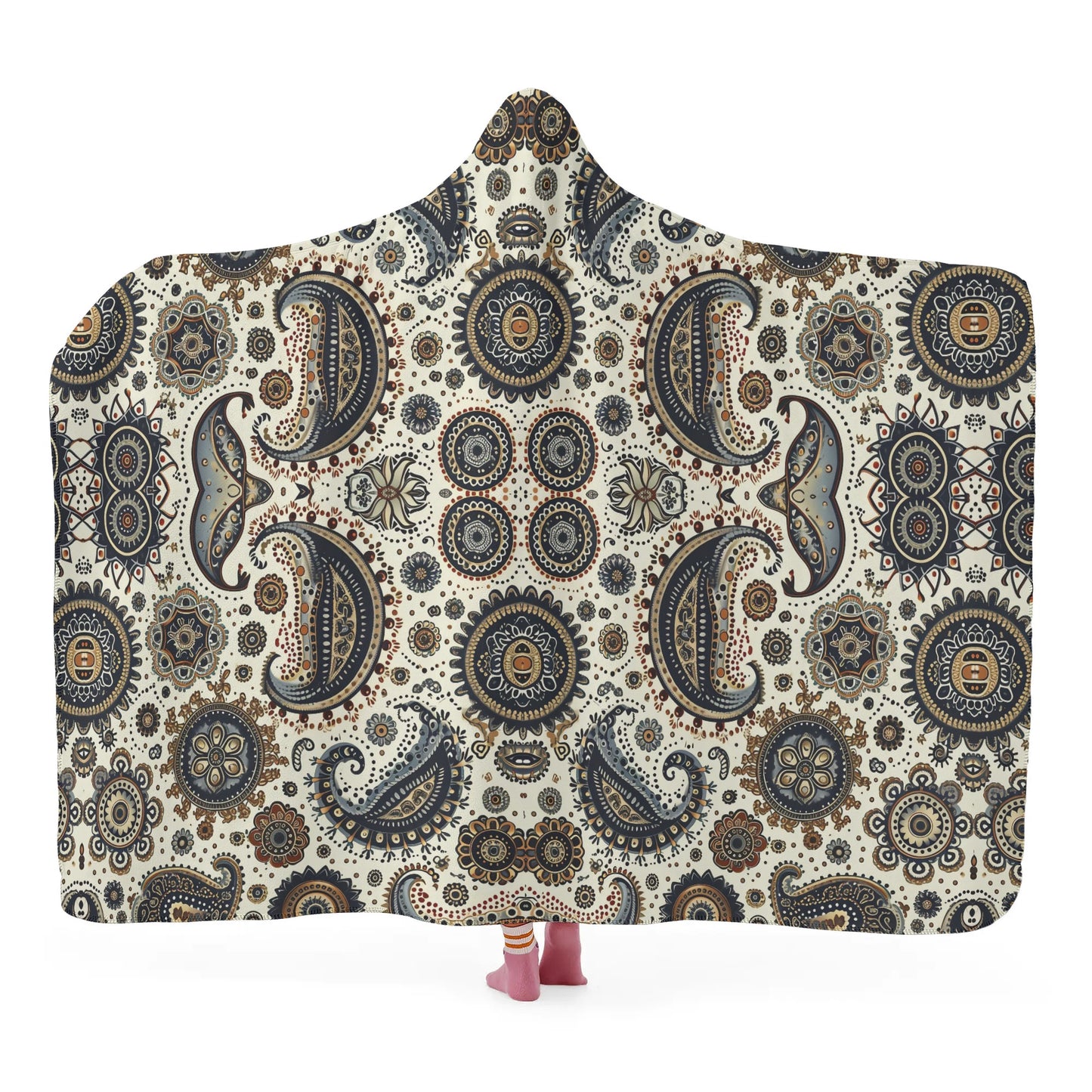 Paisley Circles White Hooded Blanket - Micro Fleece Lining Cosy Sherpa Blanket