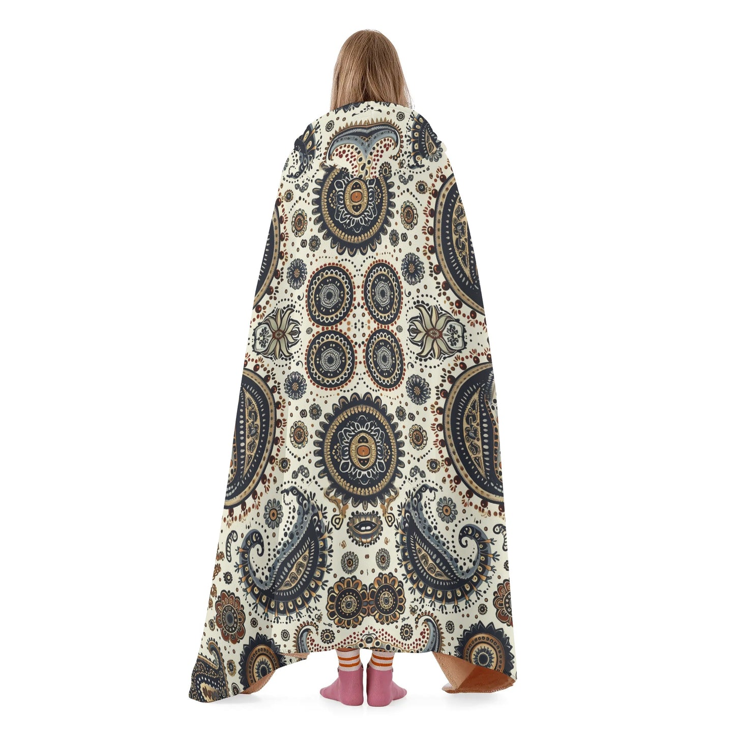 Paisley Circles White Hooded Blanket - Micro Fleece Lining Cosy Sherpa Blanket
